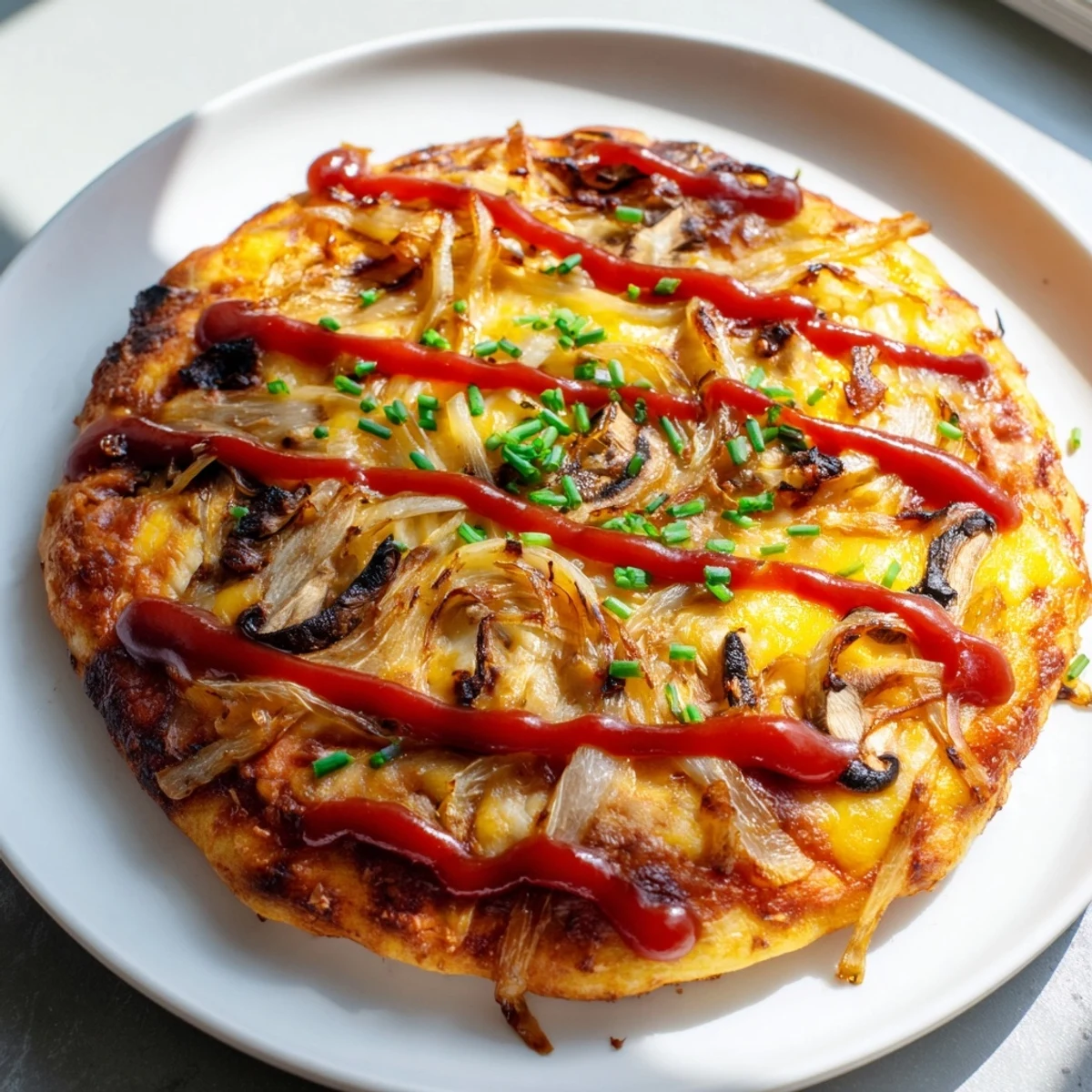 Aromatyczna zapiekanka pizza z karmelizowaną cebulą i pieczarkami, idealna na kolację