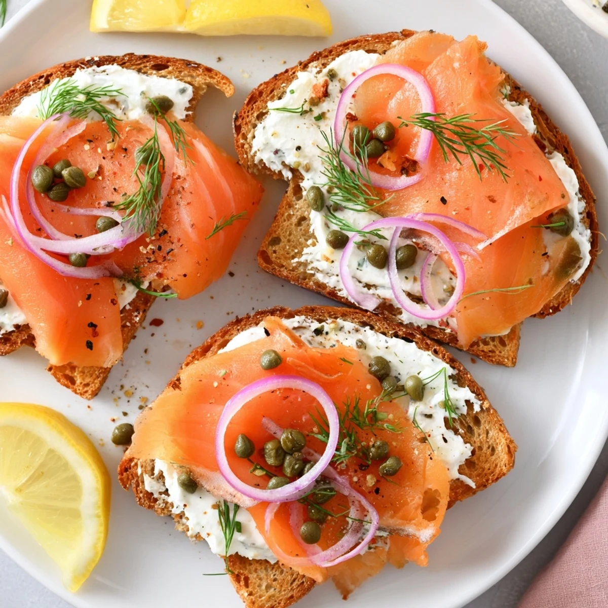 Otwarte kanapki z wędzonym łososiem na chlebie żytnim z kremowym serem.