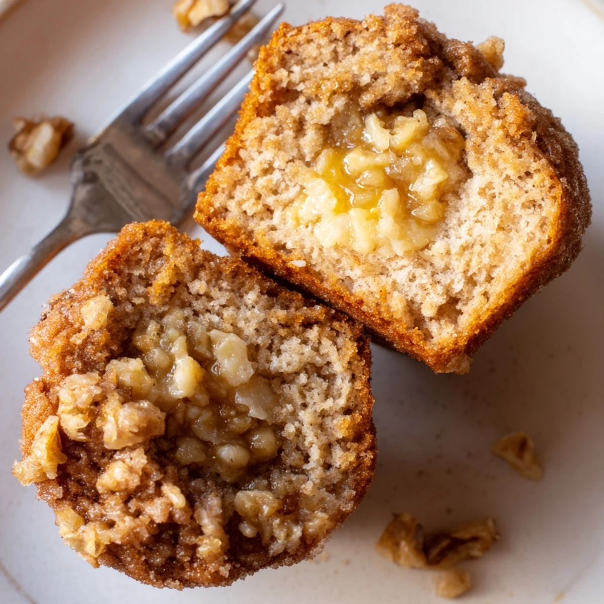Pączki muffiny z miodem, orzechami i cynamonowym cukrem na wierzchu.