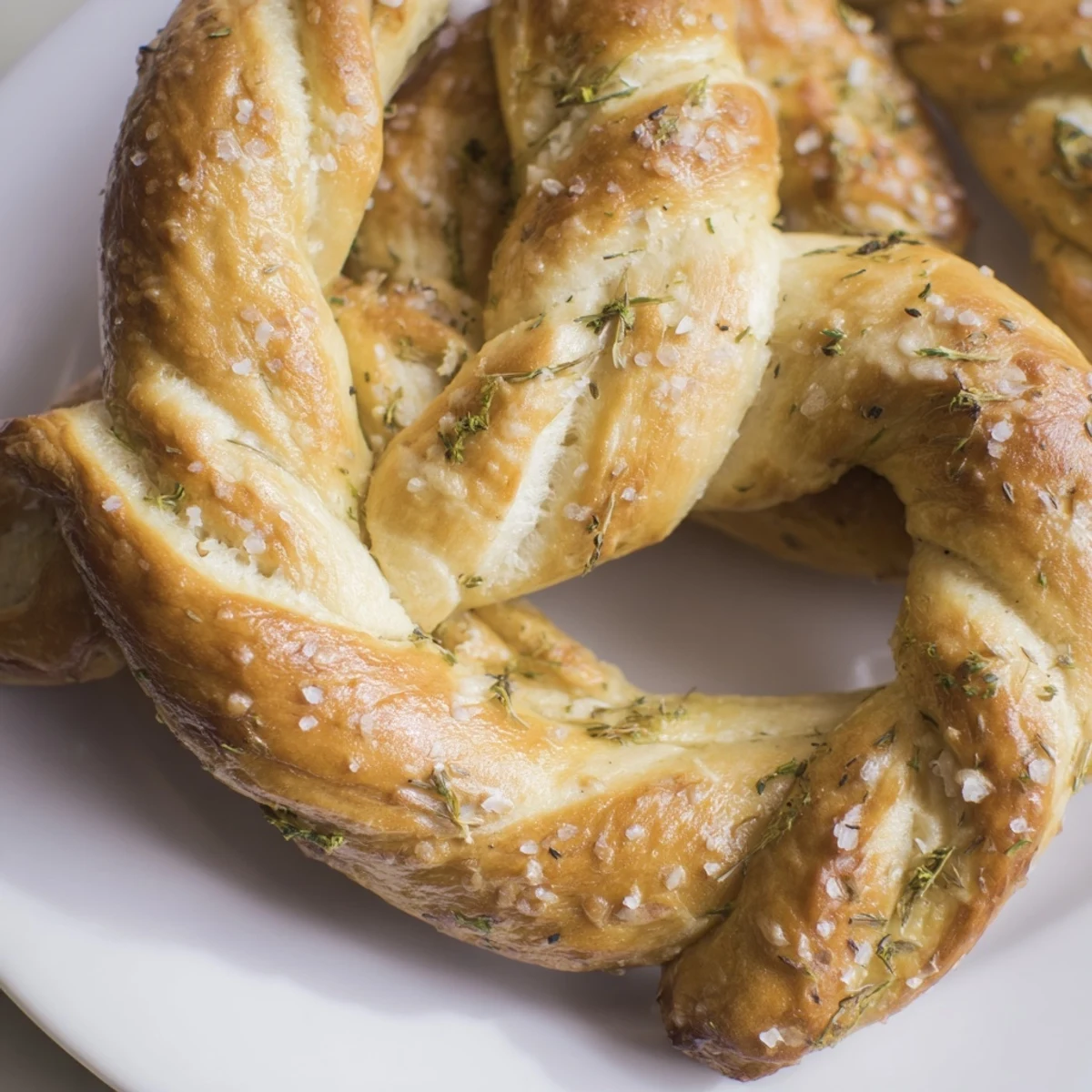 Puszyste pierścienie precla z ziołami, doskonałe z musztardą lub serem.  