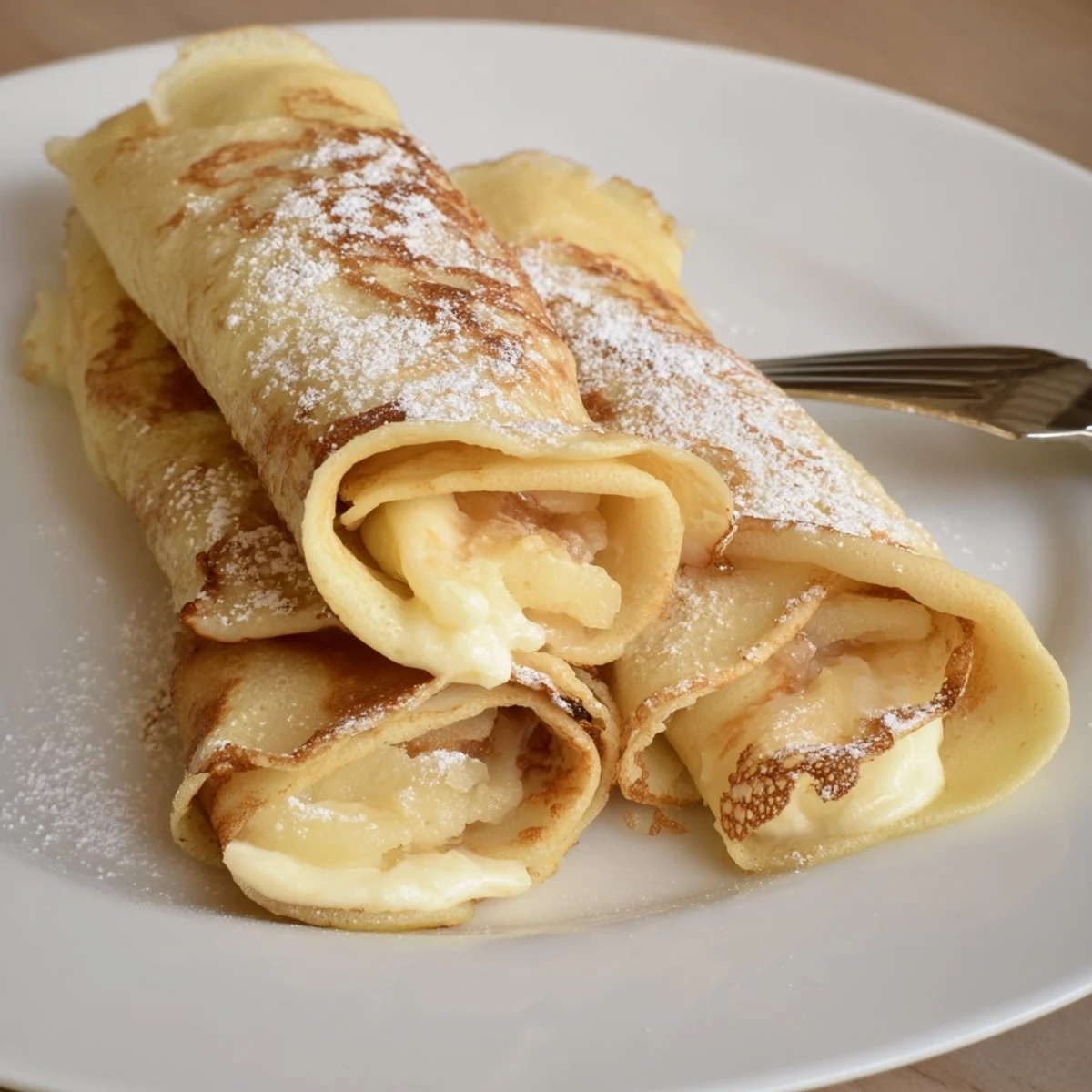 Smażone blintzes z ciepłym nadzieniem serowym, posypane cukrem pudrem na talerzu.  