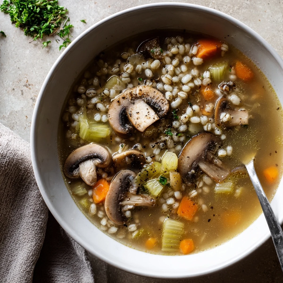 Obfita zupa grzybowa z jęczmieniem, idealna na ciepłe, komfortowe posiłki.  