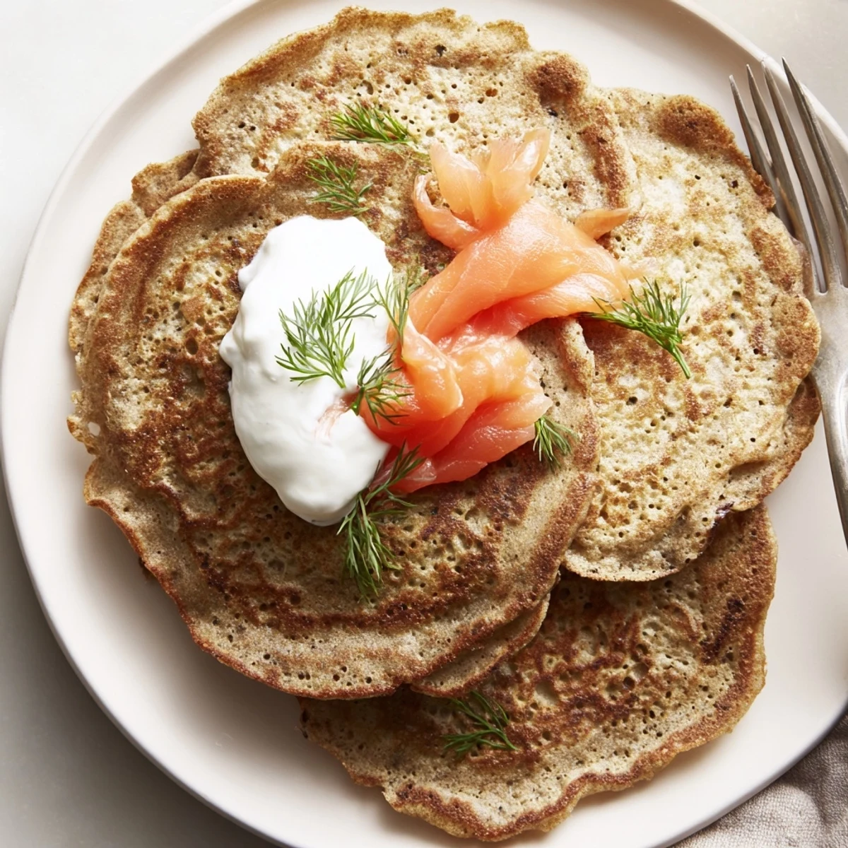 Pyszne, grube naleśniki gryczane podawane ze śmietaną lub wędzonym łososiem.