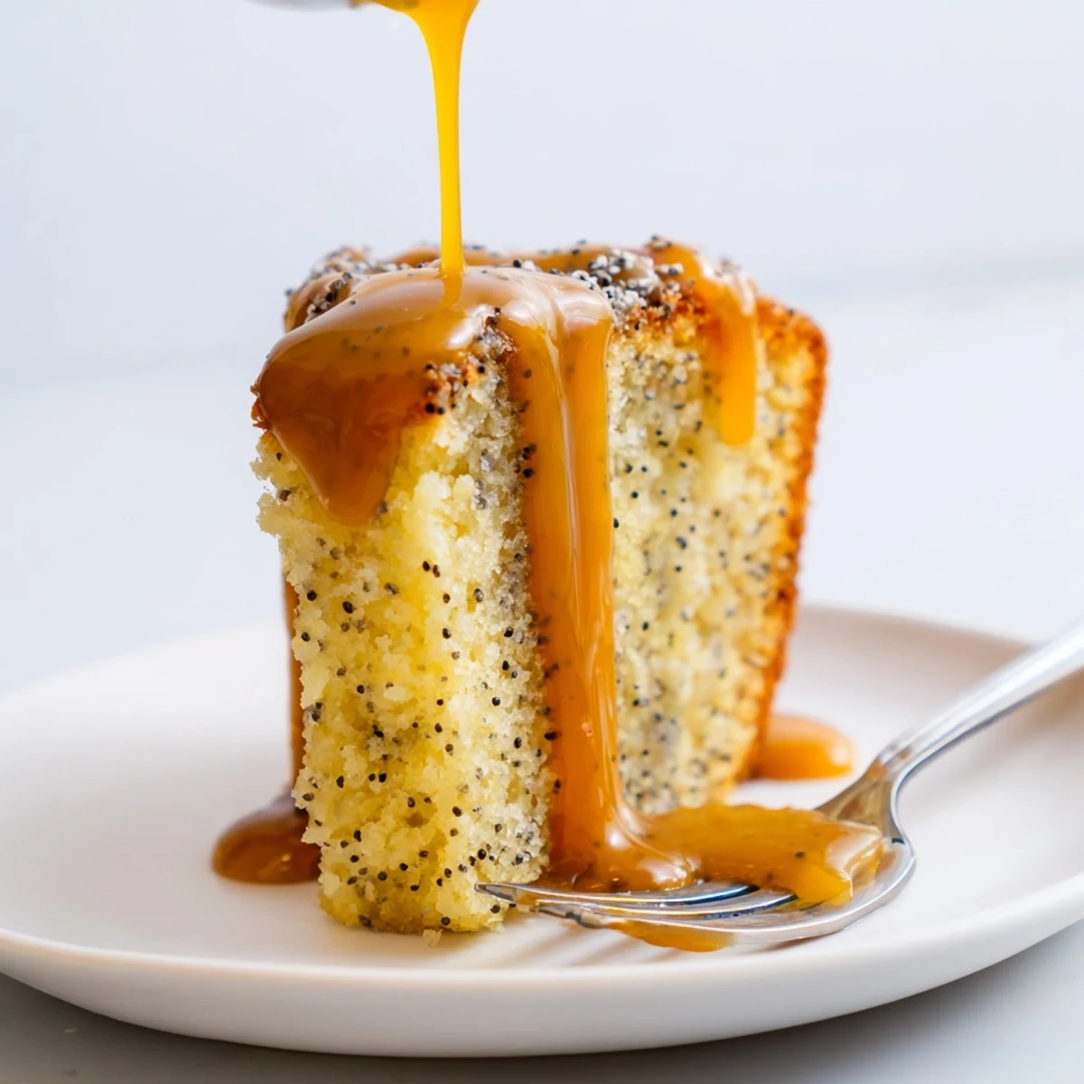 Soczyste ciasto makowe polać złotym karmelem, serwowane z bitą śmietaną.  