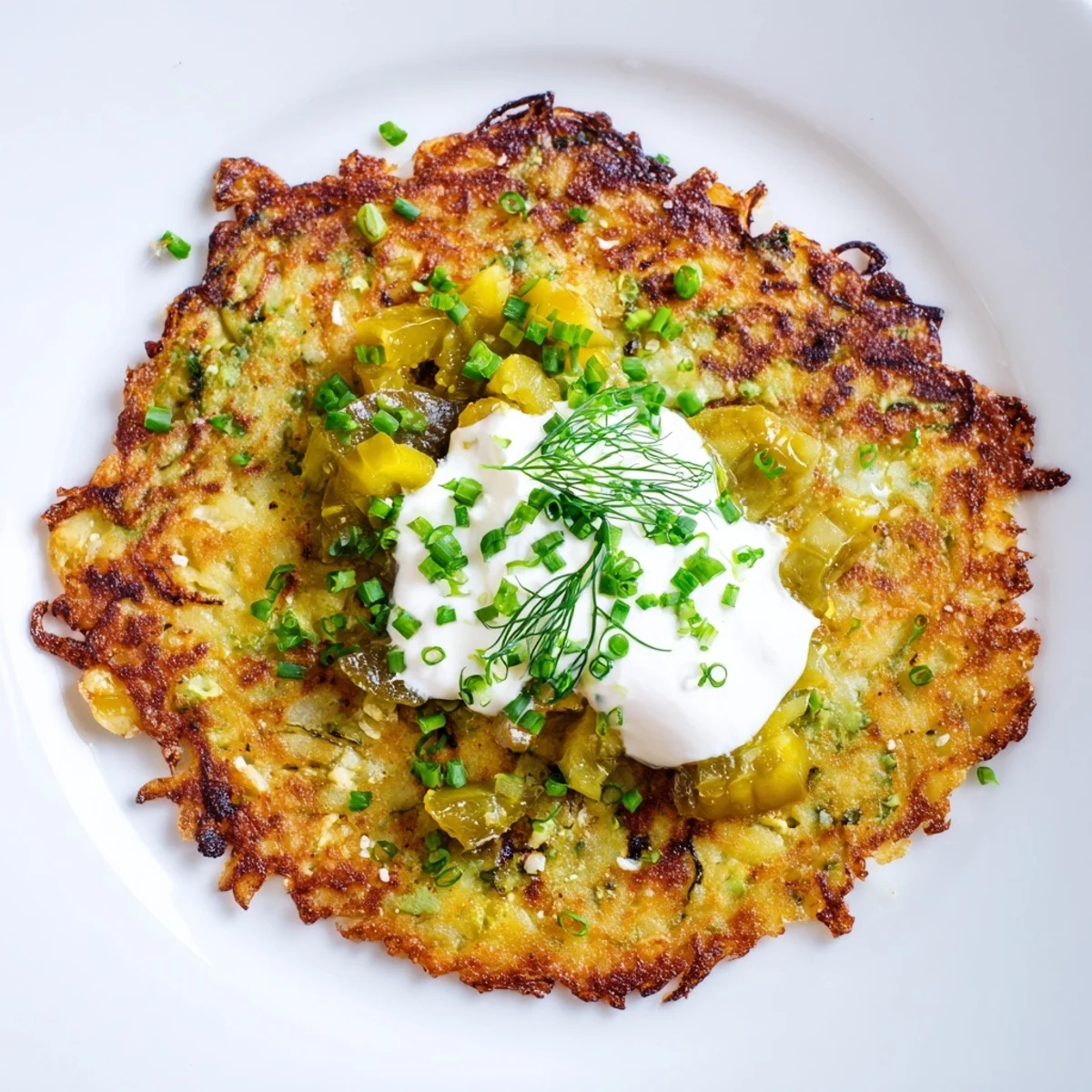 Golden-brown Chaotic Potato Pancakes with 5 Types of Pickles, ready for a delicious Polish meal.