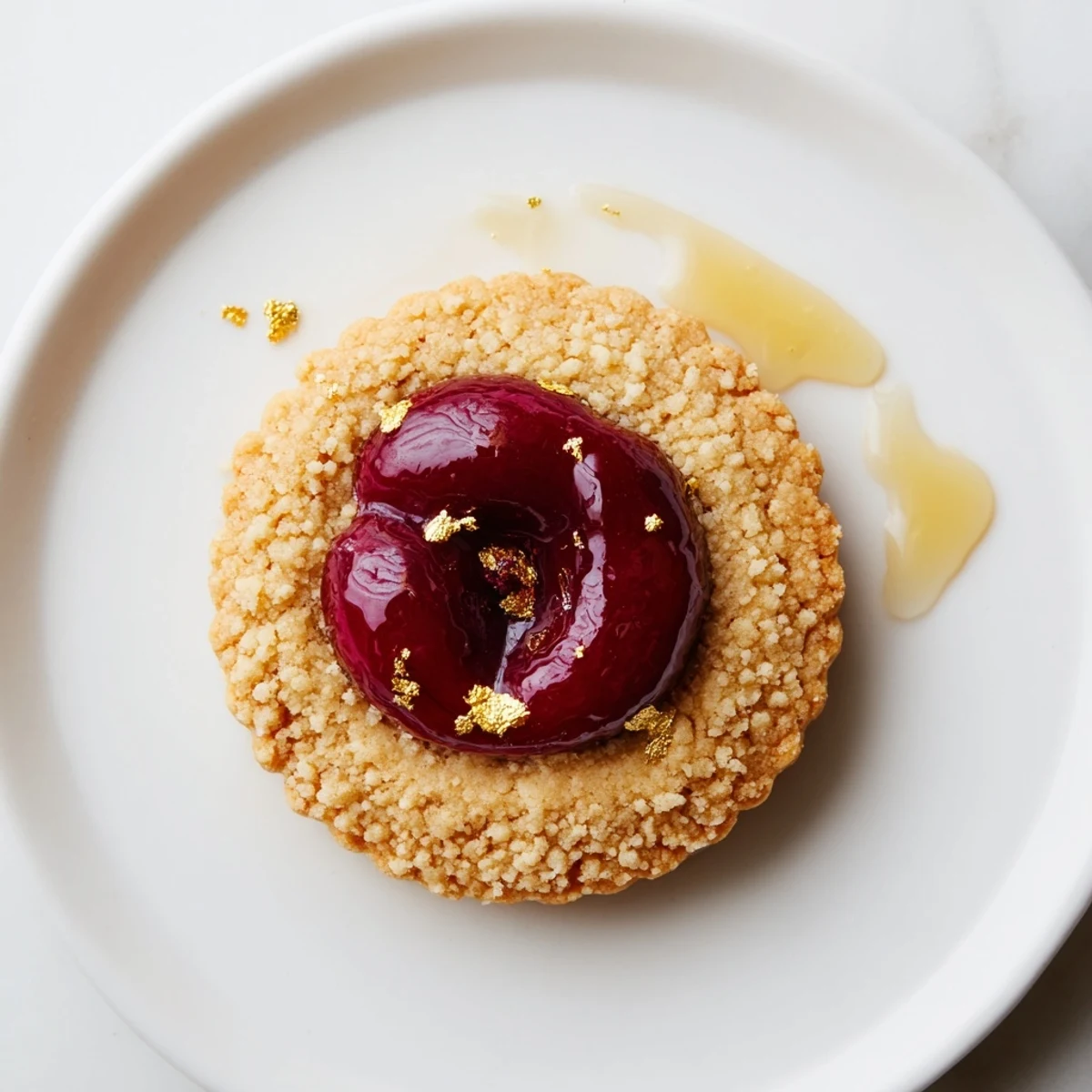Mini honey-cherry shortbreads glistening with honey and topped with vibrant, juicy cherries for dessert.