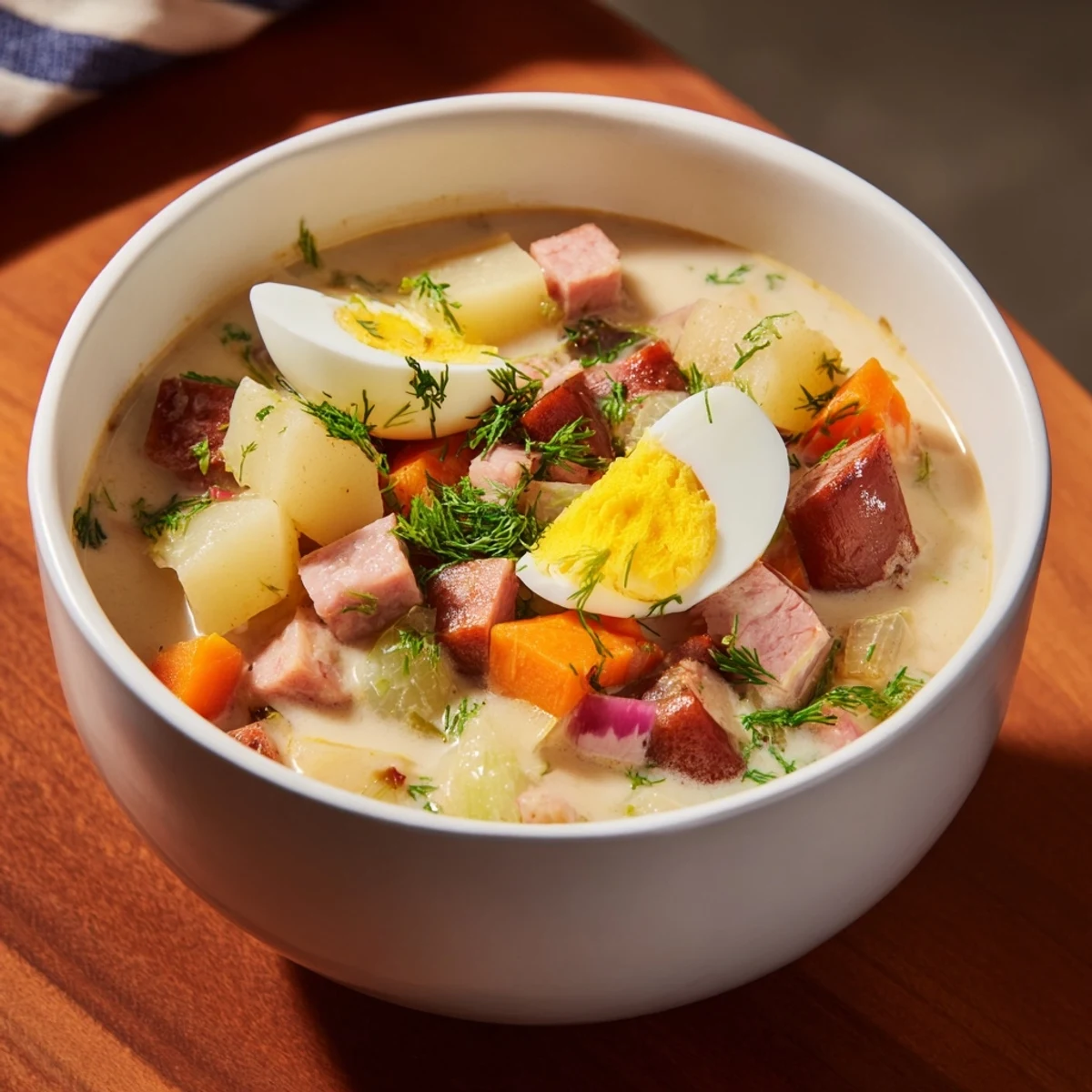 A rustic and delicious look at savory Modern Żurek, perfectly paired with crusty rye bread.