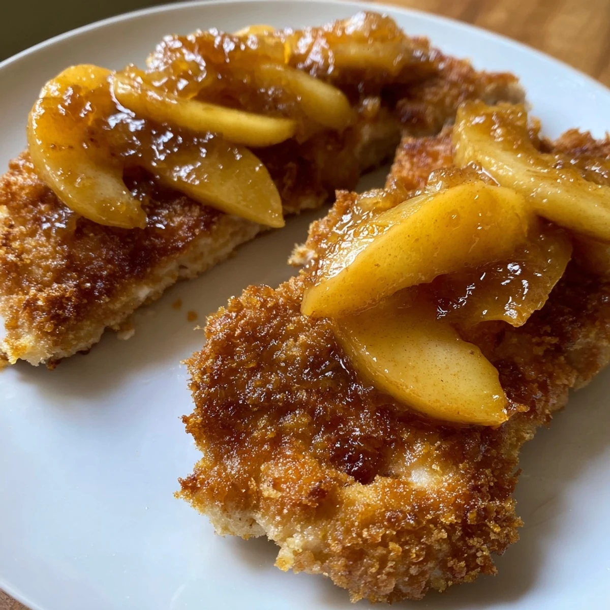 Golden Schab Smażony Rococo Złoto cutlets, topped with sweet caramelized apples, ready to savor.