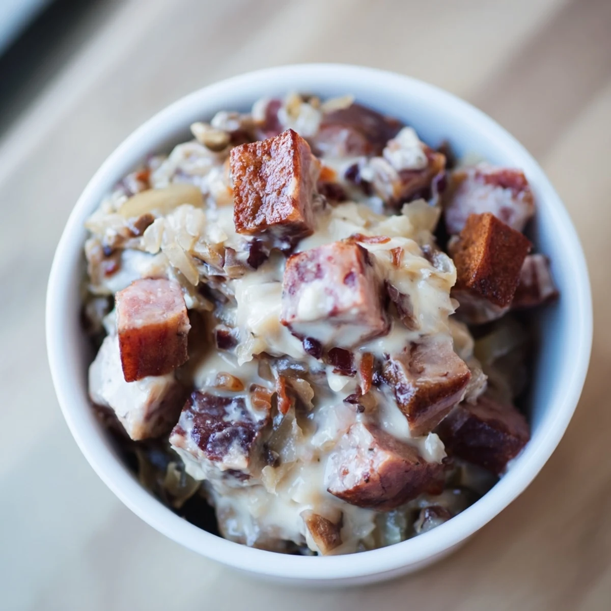 Delicious aroma rising from the simmering Bigos Polowy, topped with a creamy, silky sauce, a Polish classic.