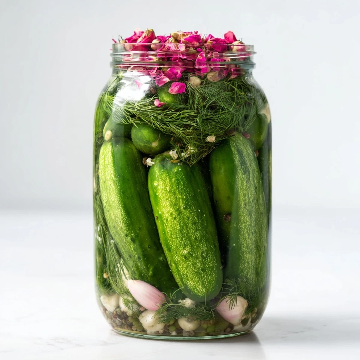 Złote, różowe płatki otaczają piękne, intensywnie pikantne ogórki Margarita Gorkowa.