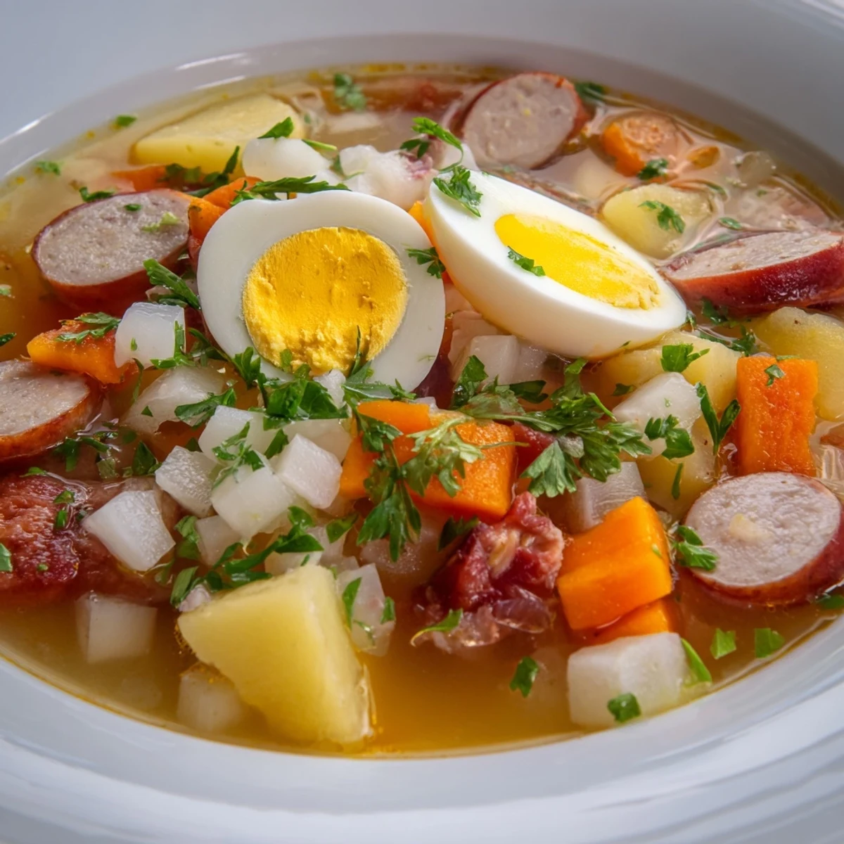 Pyszny żur tradycyjny, z kawałkami mięsa, zachęca wyglądem do degustacji tej polskiej zupy.