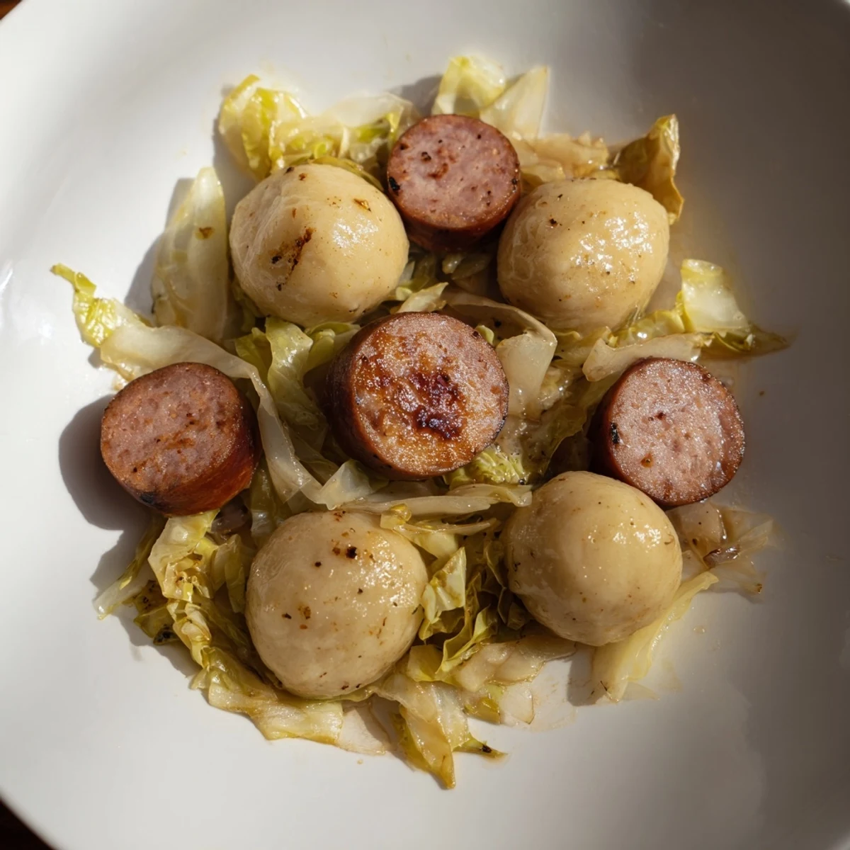 Steaming image of kopytka served alongside fried cabbage and savory kielbasa sausage.