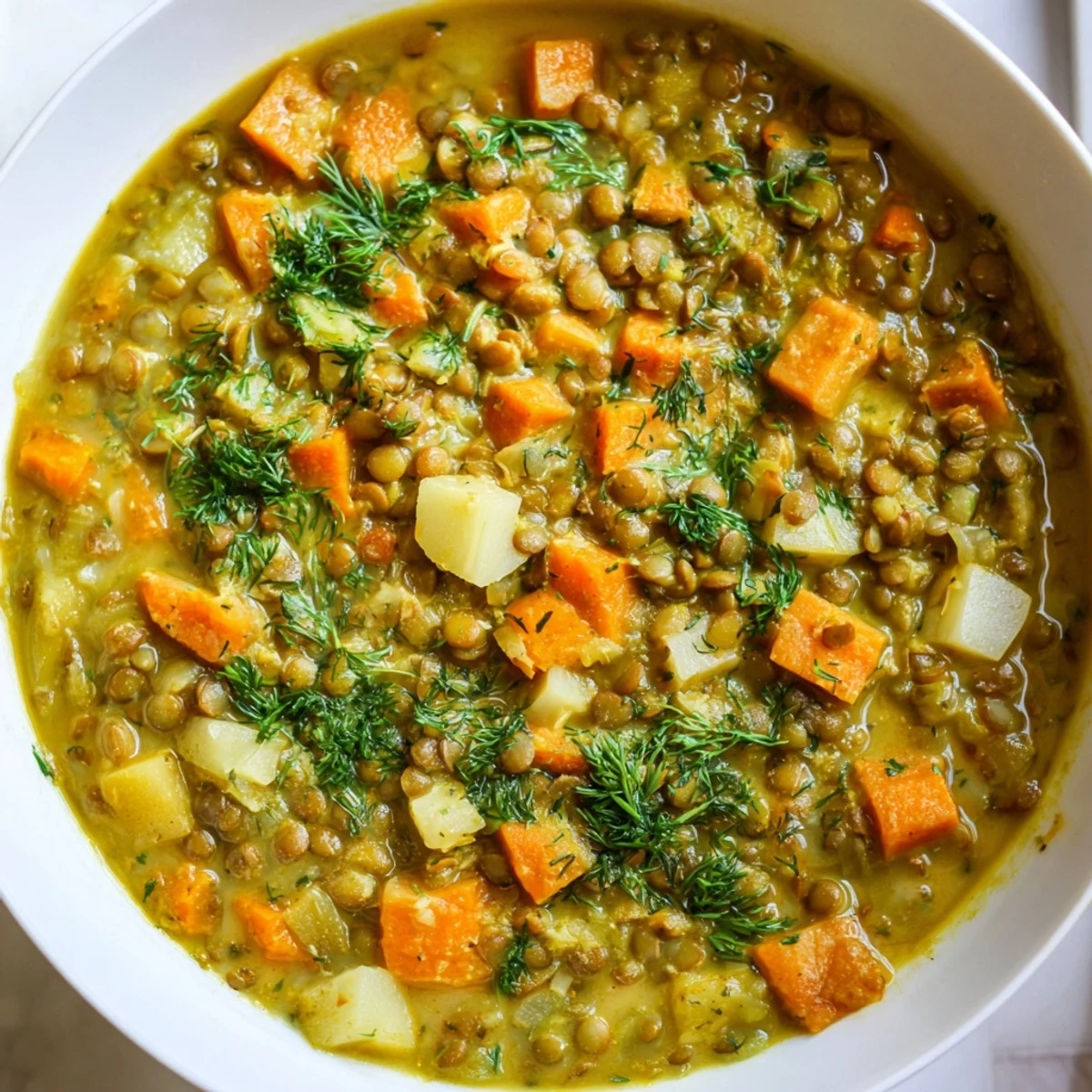 Creamy and aromatic: Polish-Style Lentil Soup, spiced with curry, ready for a comforting, vegetarian meal.