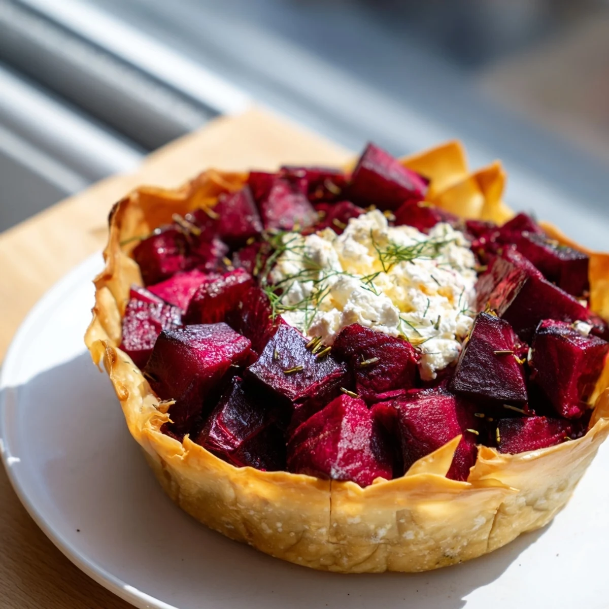 Soczysta tarta z buraków i koziego sera z widocznymi, aromatycznymi nasionami kminku.
