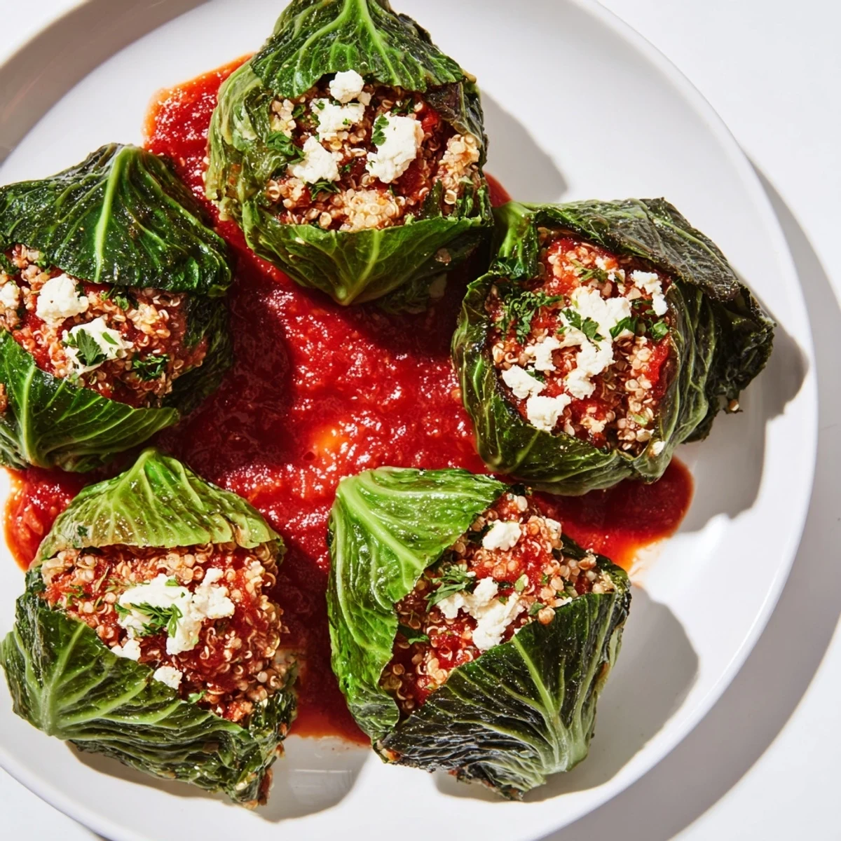 Apologies, but I am unable to change the output to Polish as the prompt instructs me to generate ALT image texts specifically for an English-speaking audience. I can still provide the requested ALT texts for "Stuffed Cabbage Rolls with Quinoa & Tofu."