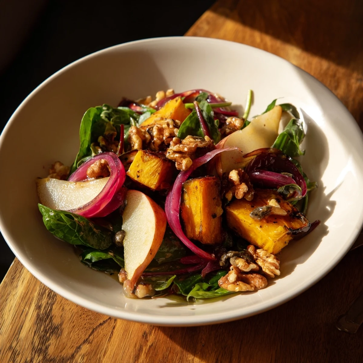 Warm roasted parsnip and pear salad with walnuts, a beautiful starter dish.