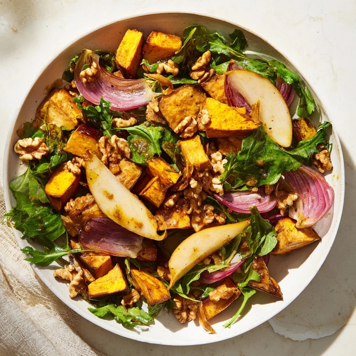 Fresh roasted parsnip and pear salad with walnut vinaigrette, ready to be served and enjoyed.