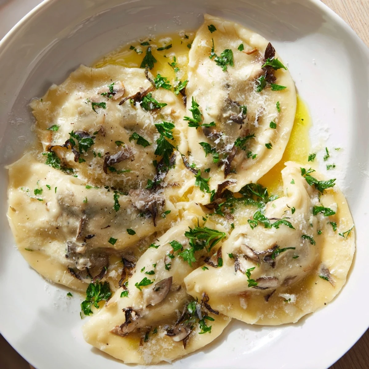 Pyszne pierogi z grzybami i truflowym olejem, gotowe do podania, z dodatkiem chrupiącej szalotki.