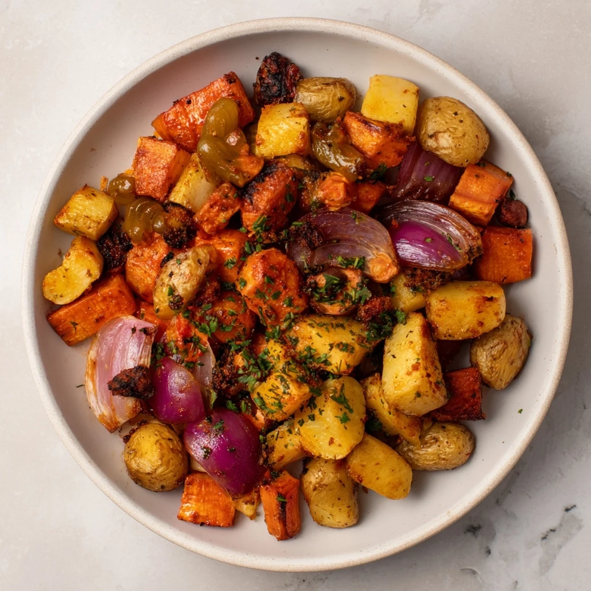 Golden-brown Winter Root Vegetable Hash with smashed pickles, showcasing roasted root vegetables and herbs.
