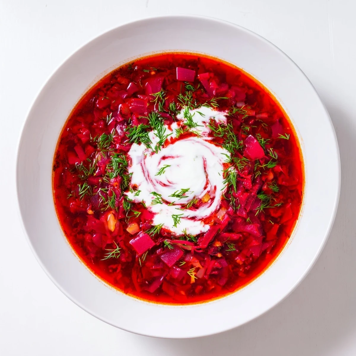Vibrant Beetroot Borscht with a creamy coconut swirl, ready to be served hot in bowls.