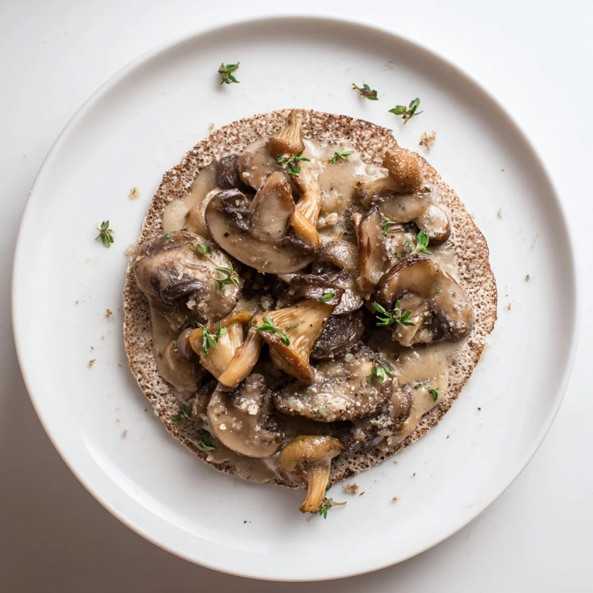 Apetyczny widok zimowego ragout z grzybów na puszystych gryczanych blinach, gotowy do jedzenia.