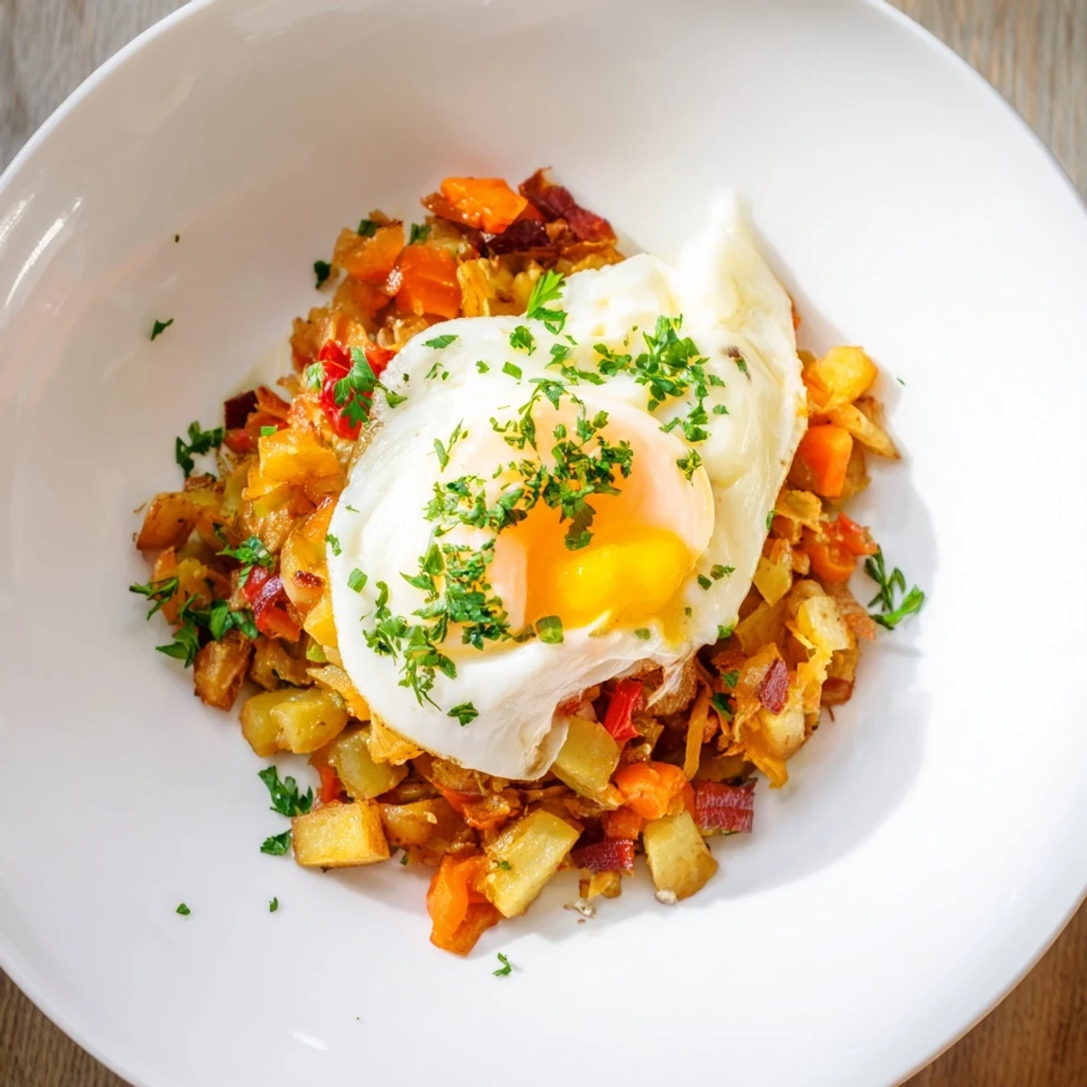 Golden brown Egg & Potato Hash with preserved vegetables, topped with fresh herbs, ready to serve.