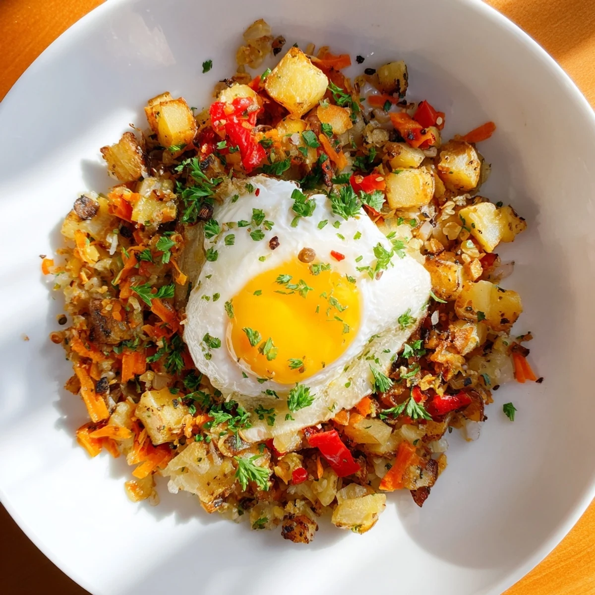 A sizzling skillet of Egg & Potato Hash featuring perfectly poached eggs and flavorful winter vegetables.