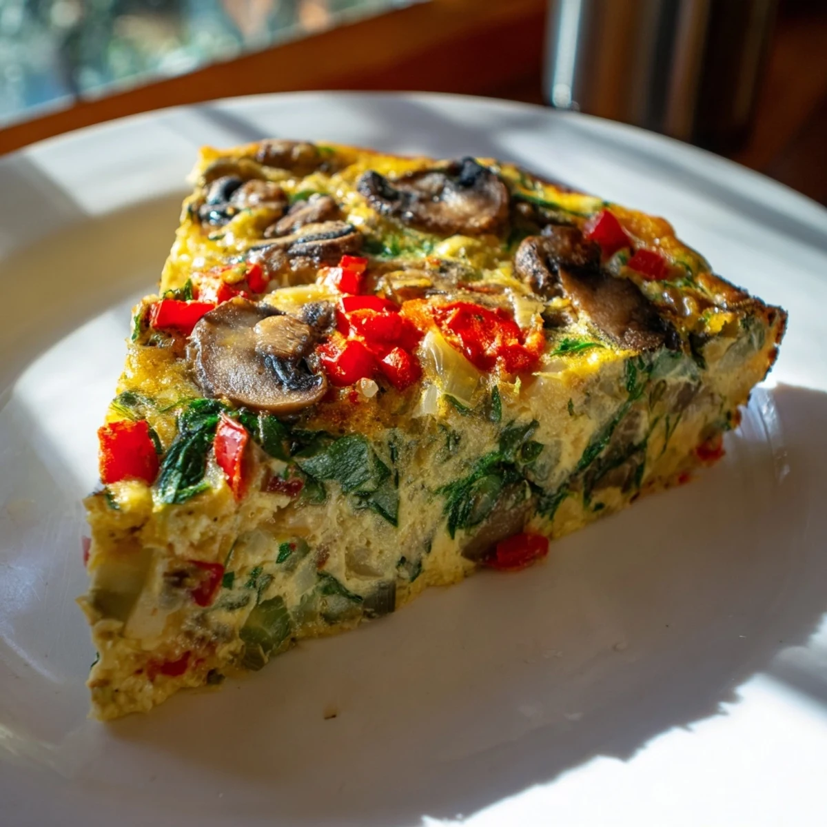 A slice of Crustless Vegetable Quiche with a Polish Twist, savory and golden brown.