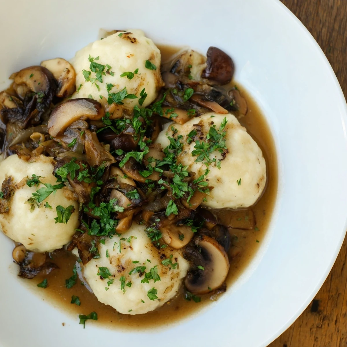 Chunky potato dumplings swimming in a rich mushroom sauce, a classic Polish comfort food.