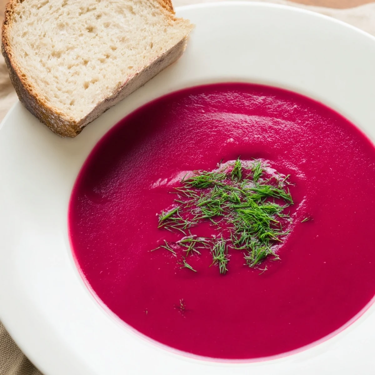 Creamy beet soup served hot in a bowl, showing the vibrant color and topped with fresh dill.