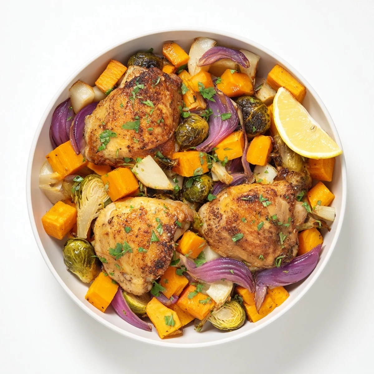 Jednorynkowy pieczone warzywa zimowe z udek kurczaka lub tofu, przedstawiające apetyczne pieczone warzywa.