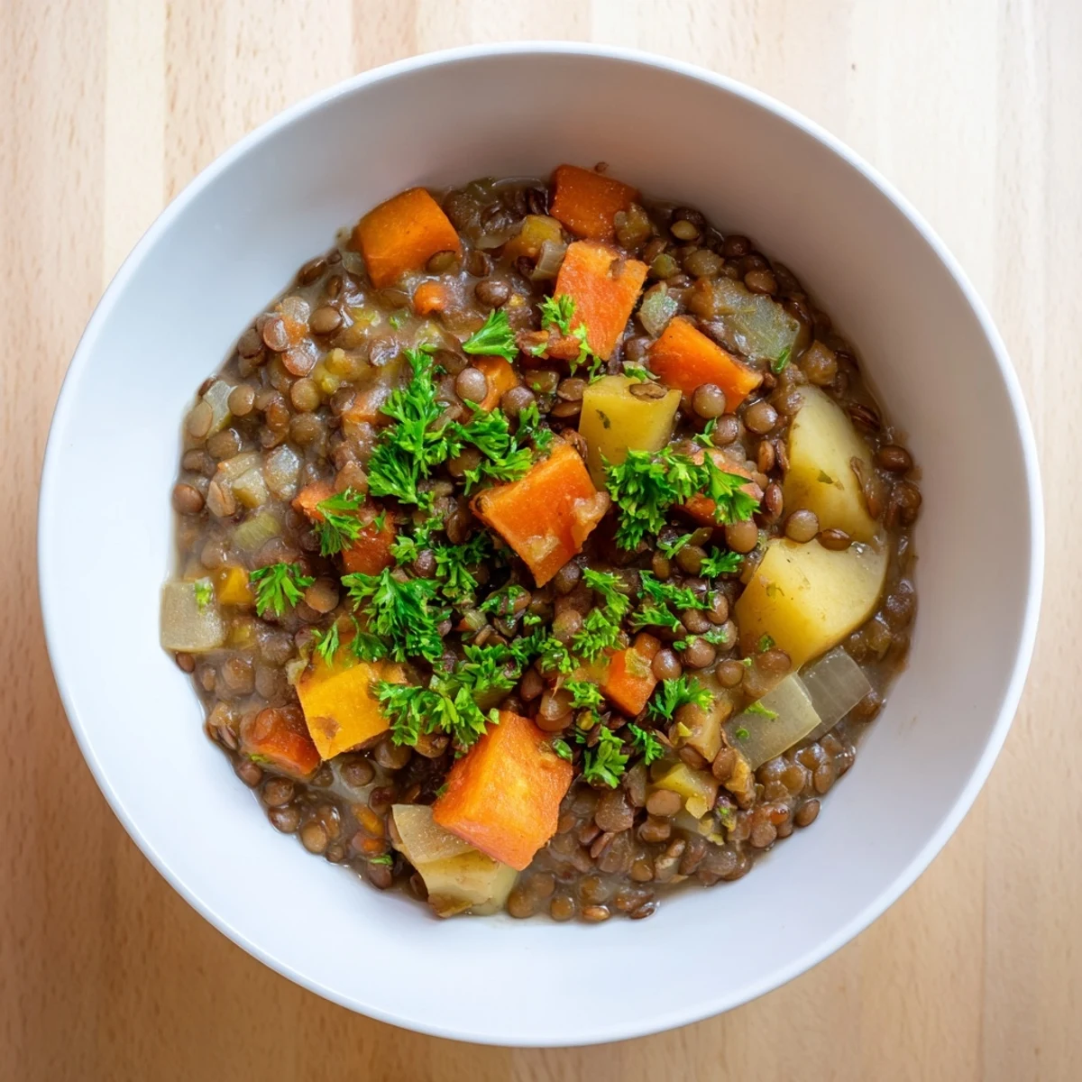This rustic Warm Lentil Stew with Root Vegetables simmers with diced carrots and flavorful herbs, ready to serve.
