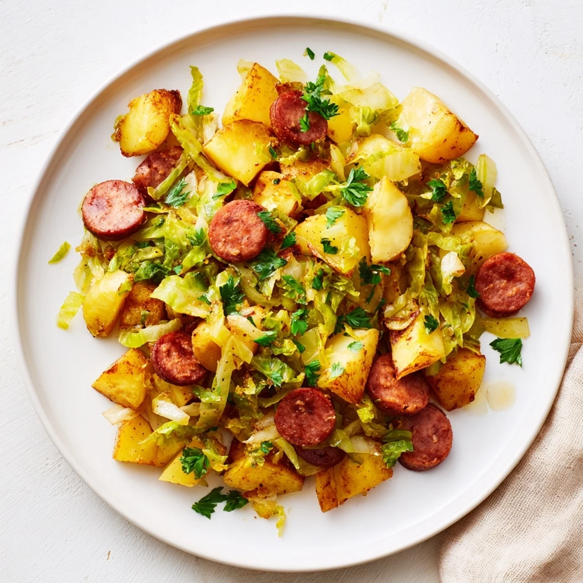 Rustic Simple Potato & Cabbage Skillet showcasing the comfort of sautéed potatoes and cabbage, delicious.