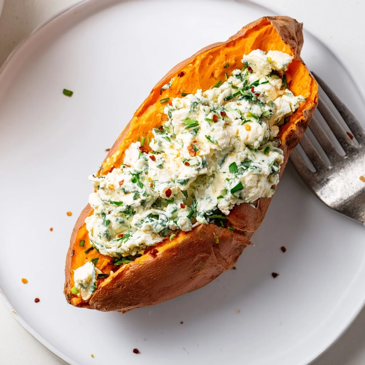Baked Potato Stuffed with Cottage Cheese & Herbs, warm and creamy, ready to be enjoyed.