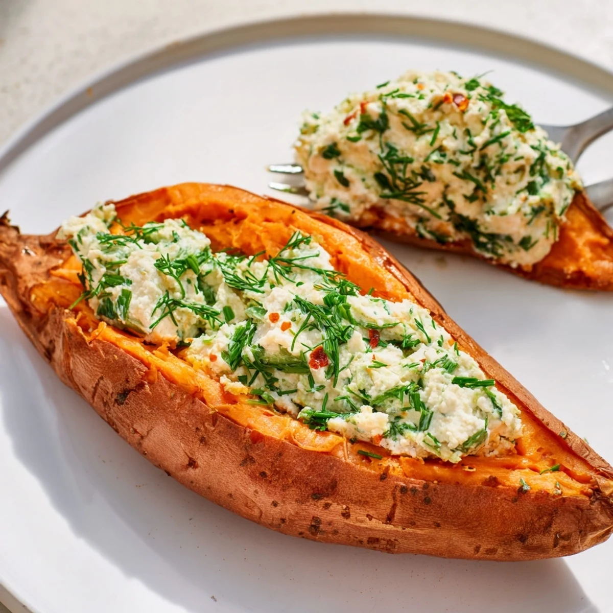 Delicious Baked Potato Stuffed with Cottage Cheese & Herbs, served with a dusting of paprika.