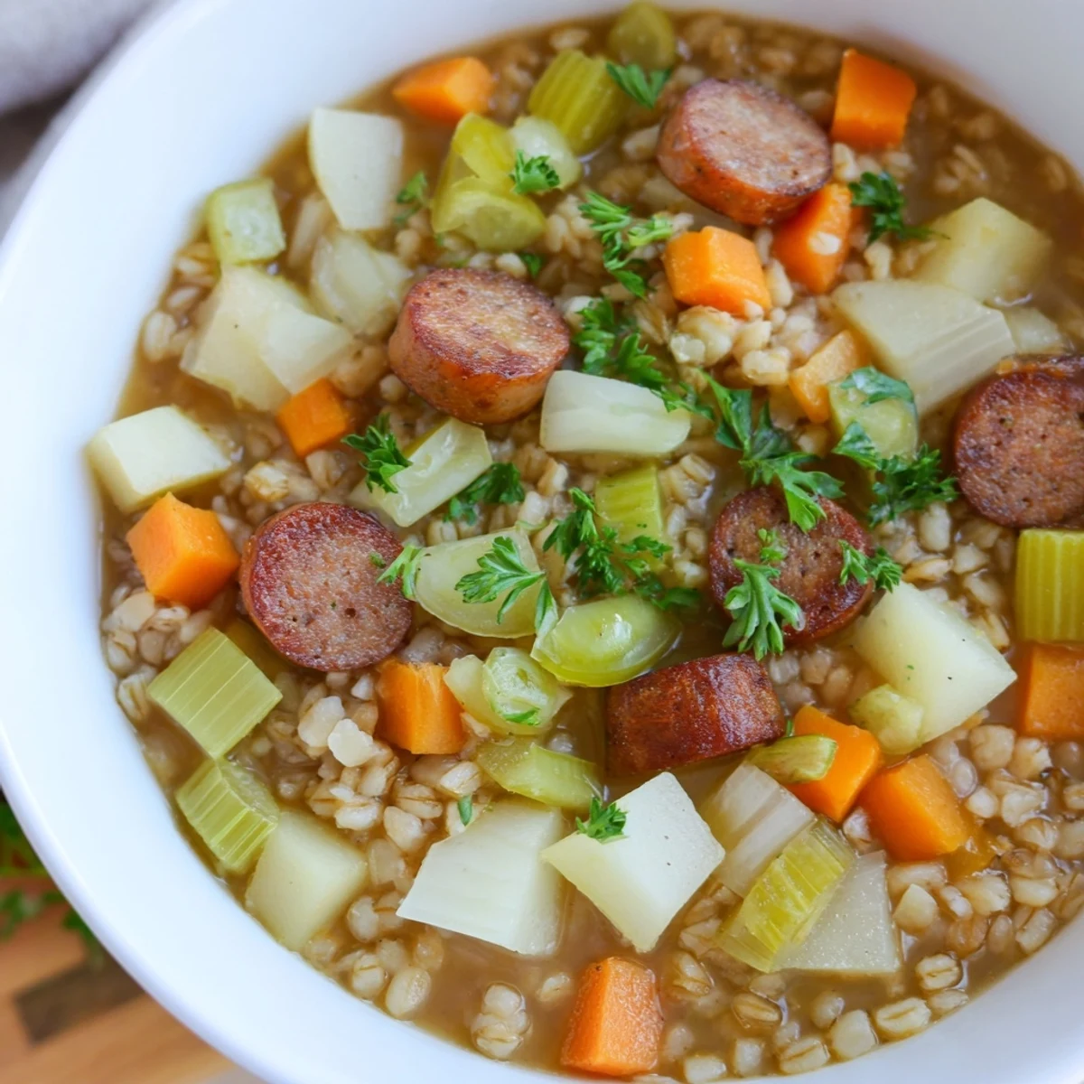 Zdjęcie apetycznej miski domowej zupy jęczmiennej z pysznymi warzywami i kiełbasą.