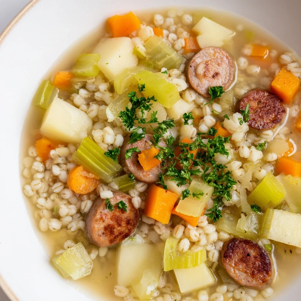 Kremowa zupa jęczmienna z warzywami i kiełbasą, idealna na chłodne jesienne wieczory.