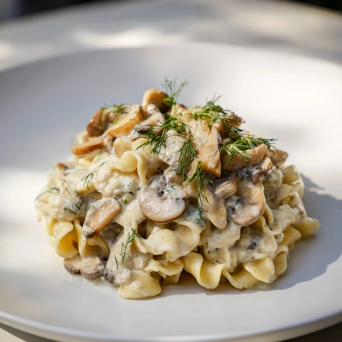 Creamy, golden Pasta with Sautéed Mushrooms & Garlic, ready to serve with fresh dill and cheese.