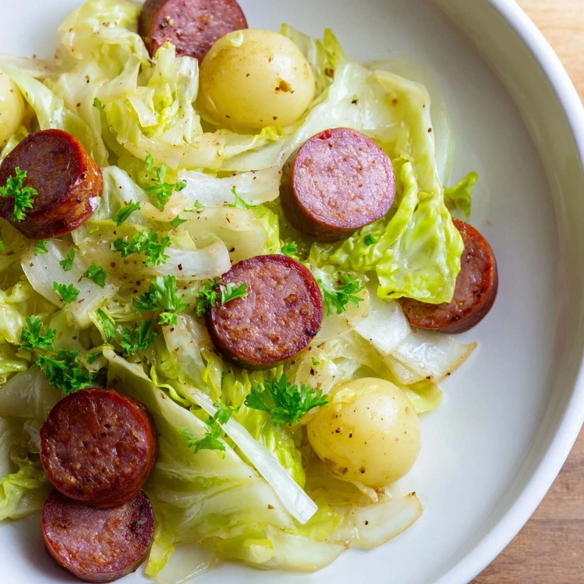 Zestaw 3 alternatywnych tekstów obrazów dla zdjęcia przepisu "Cabbage & Sausage Skillet with Boiled Potatoes":