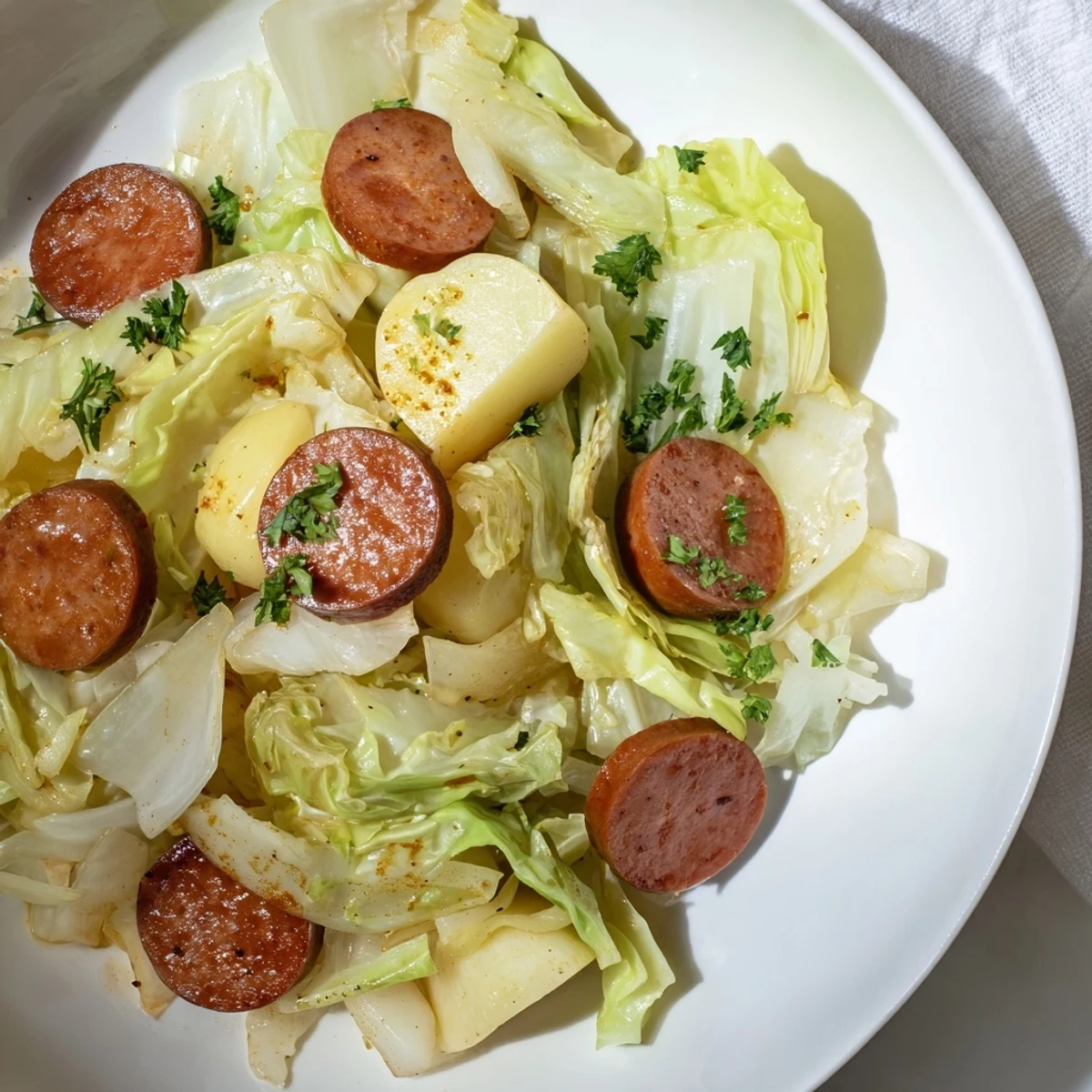 Steaming hot cabbage and sausage skillet with fresh parsley, served with boiled potatoes.