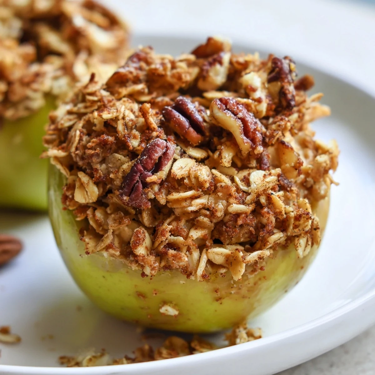 Golden-brown Baked Apples with Oats & Cinnamon, a warm dessert ready to savor.