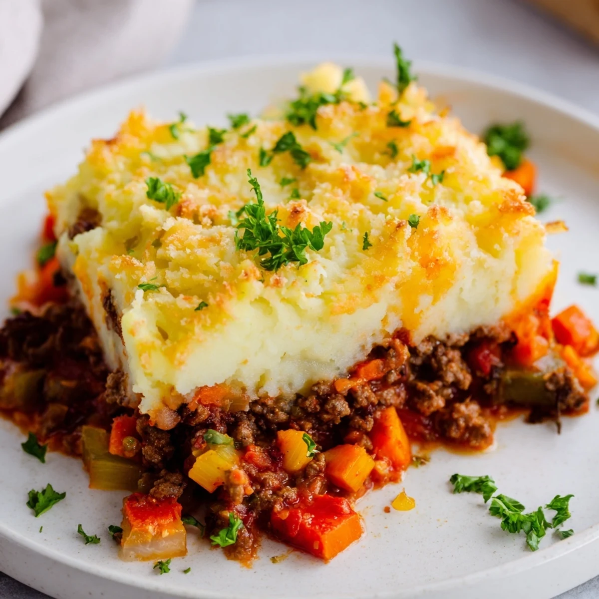 A delicious close-up of Polish-Style Shepherd's Pie, bubbly and golden from the oven.