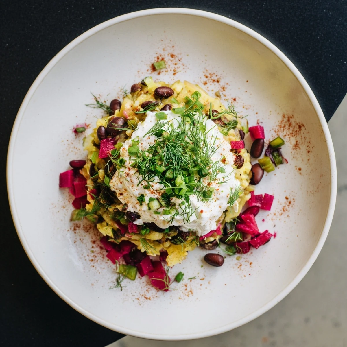 Golden-brown rice & beans burrito bowl topped high with Polish-style ingredients, ready to eat!