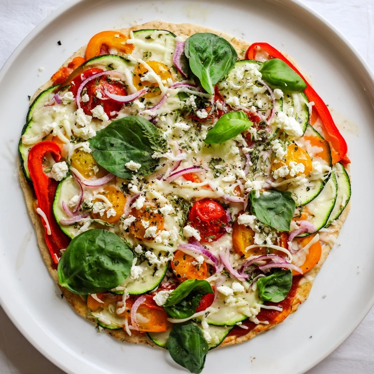 A frozen pizza upgrade, colorful with seasonal veggies and extra cheese, ready to enjoy.