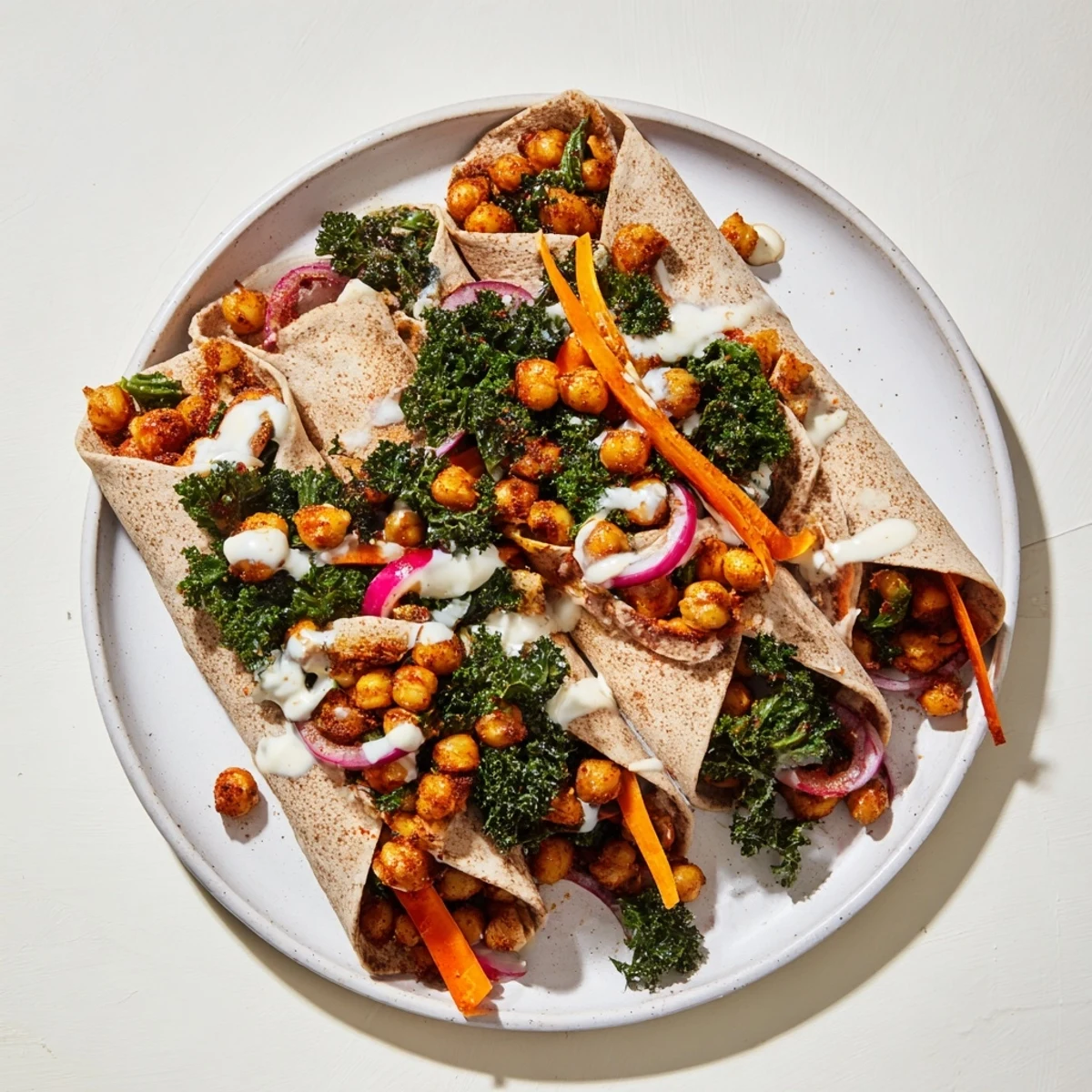 Smaczne wegańskie wrapy z ciecierzycą i zimowymi warzywami, pełne zdrowych składników.