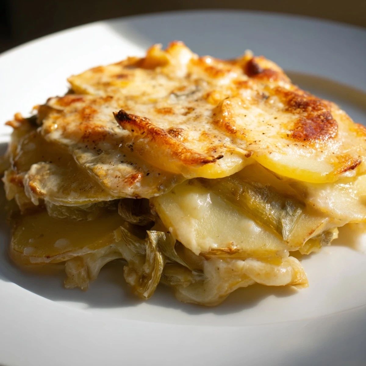 Creamy potato gratin with leeks and melted cheese, perfect for a cozy dinner.