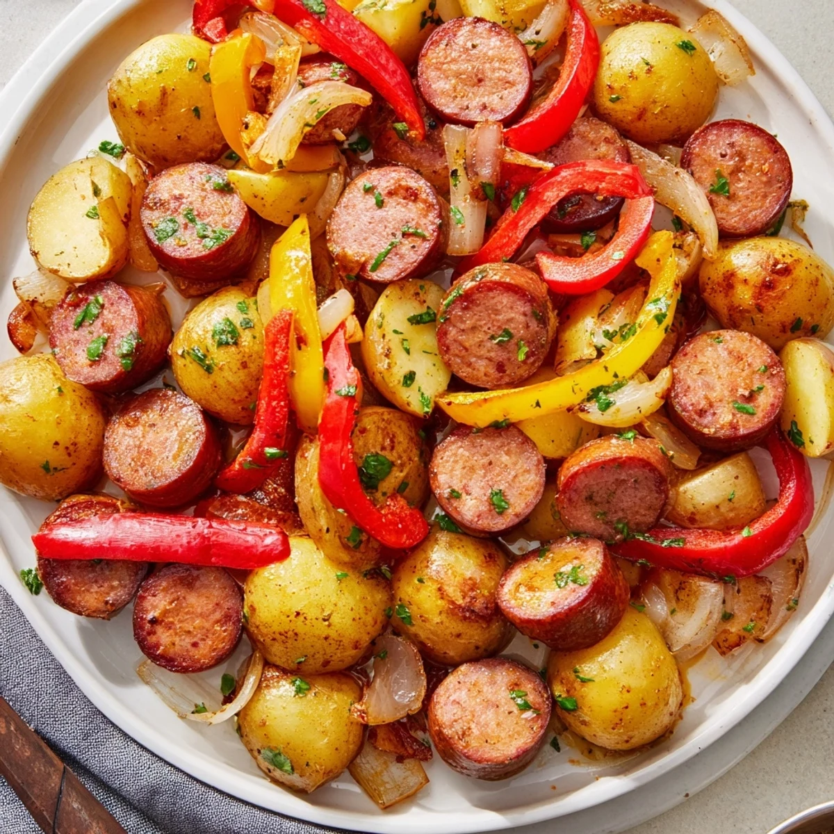 Golden-brown Polish sausage and potato skillet, a quick and easy weeknight dinner idea, ready in 20 minutes.