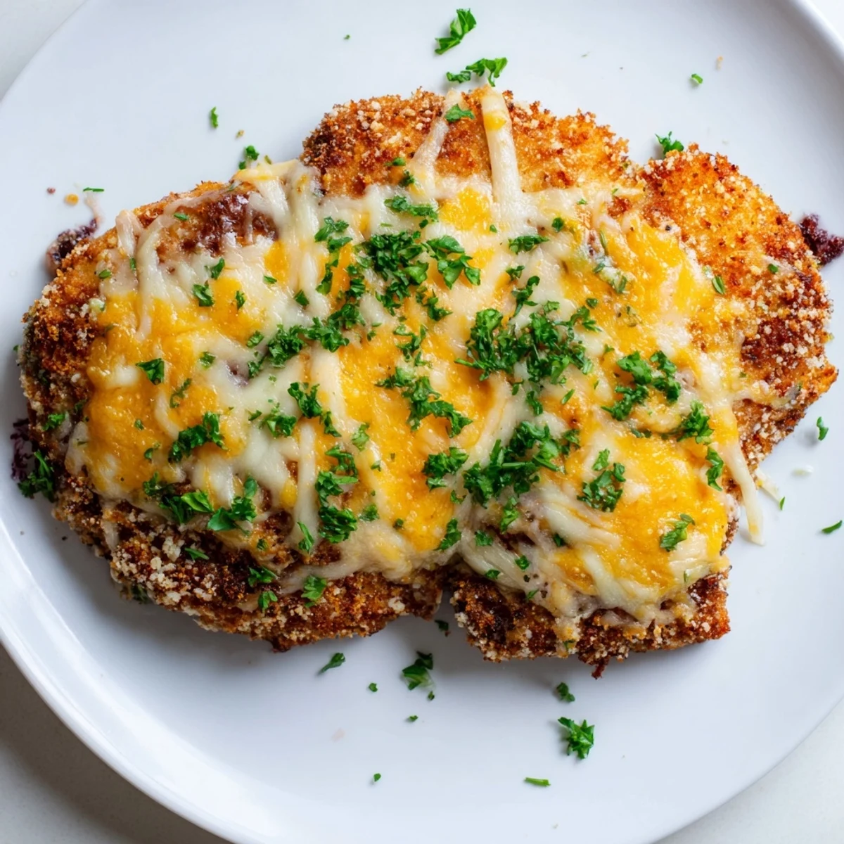 Golden brown Cheesy Baked Schabowy, topped with melted cheese, ready to serve with lemon wedges.