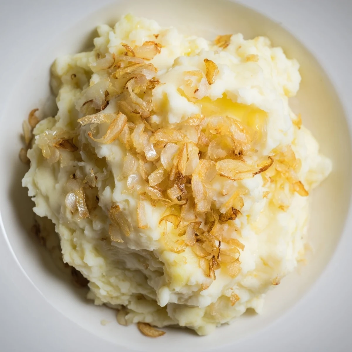Creamy Garlic Mashed Potatoes with Fried Onions, wonderfully topped with crispy, golden onions.
