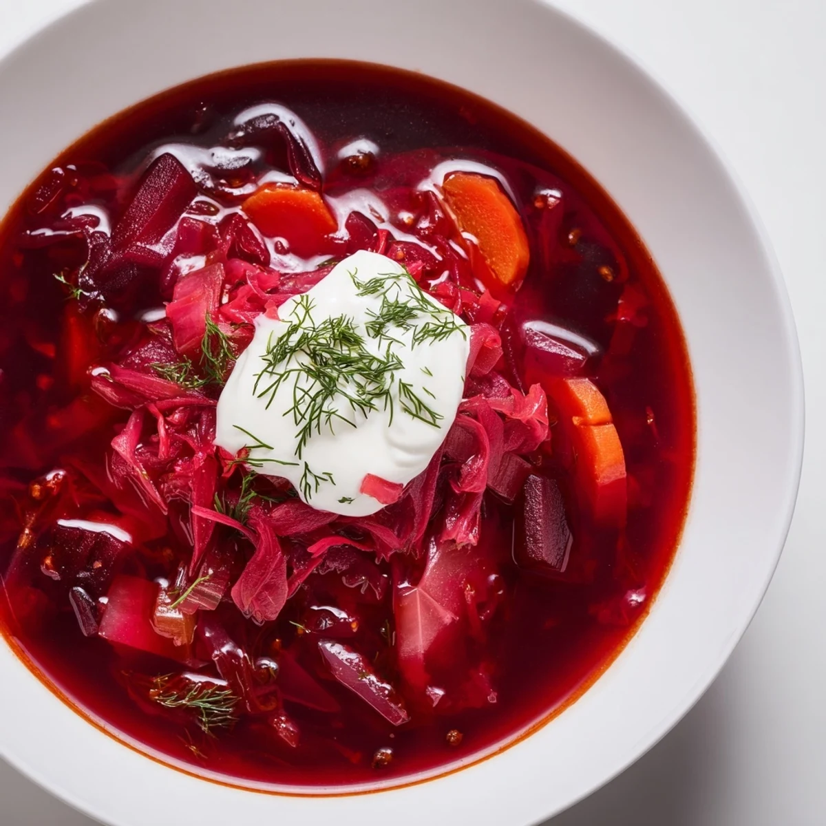 Vibrant bowl of Effortless Polish Red Borscht, garnished with fresh dill, ready to eat.